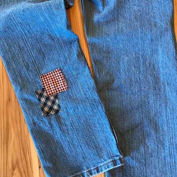 Upcycled Patchwork Jeans, 16P: Plaids, Spring Garden Sunflower Patches, Reworked - Picture 10 of 12
